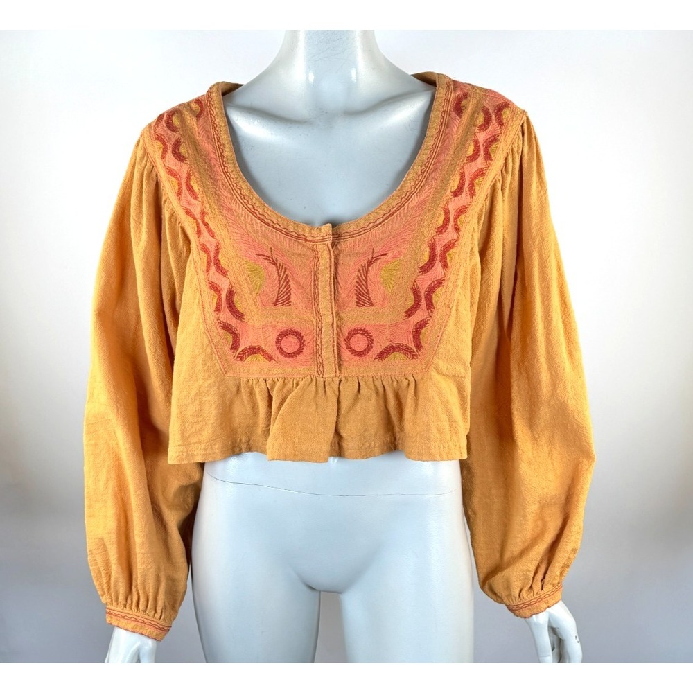 Free People Iggie Crop Top Women M‎ NWOT Long Sleeve Embroidered Boho Shirt